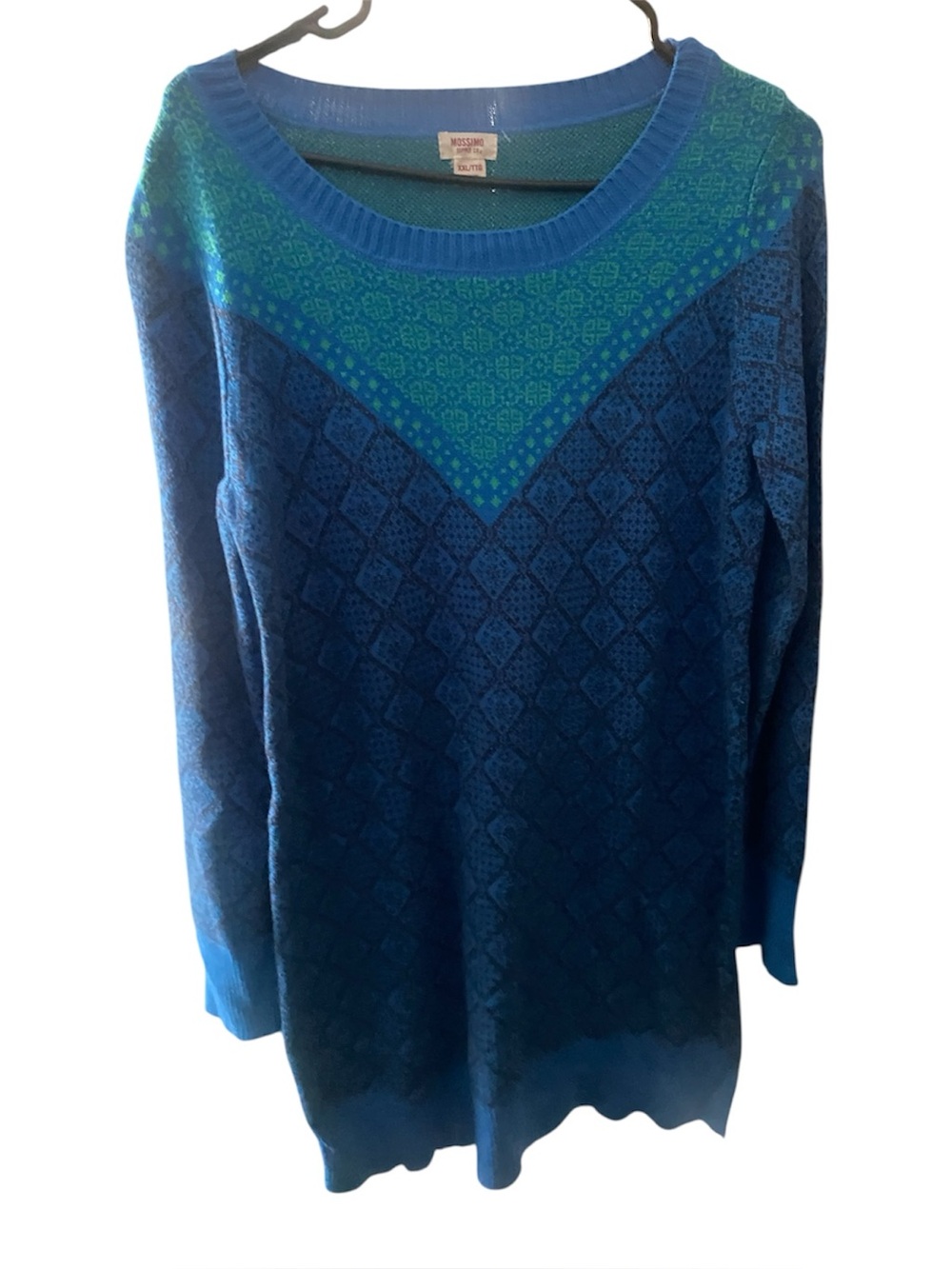 Mossimo supply co. Brighton Teal and Blue Patterned Crew Neck Sweater